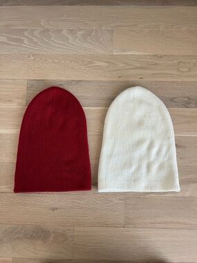 Cream and Dark Red Ribbed Knit Beanie Duo